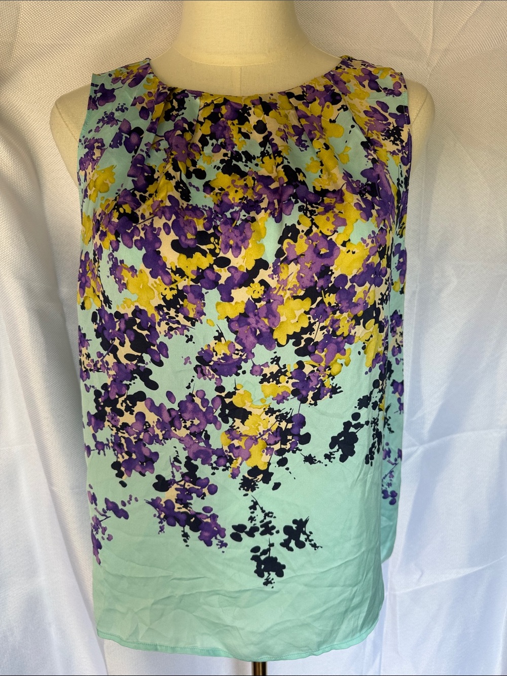 Talbots Light Blue Floral Sleeveless Top with Purple and Yellow Print